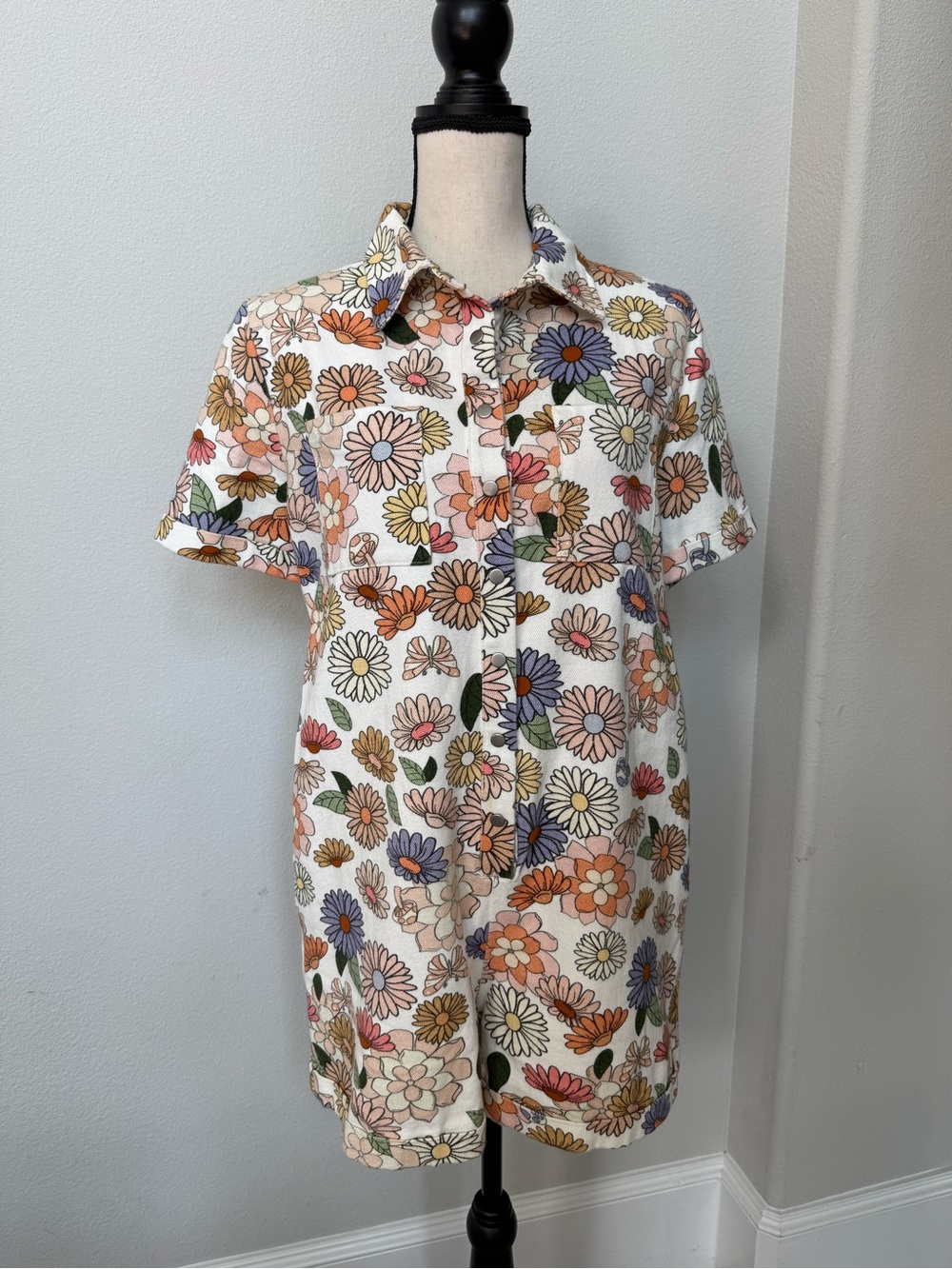 Storia Multicolor Floral Print Denim Romper